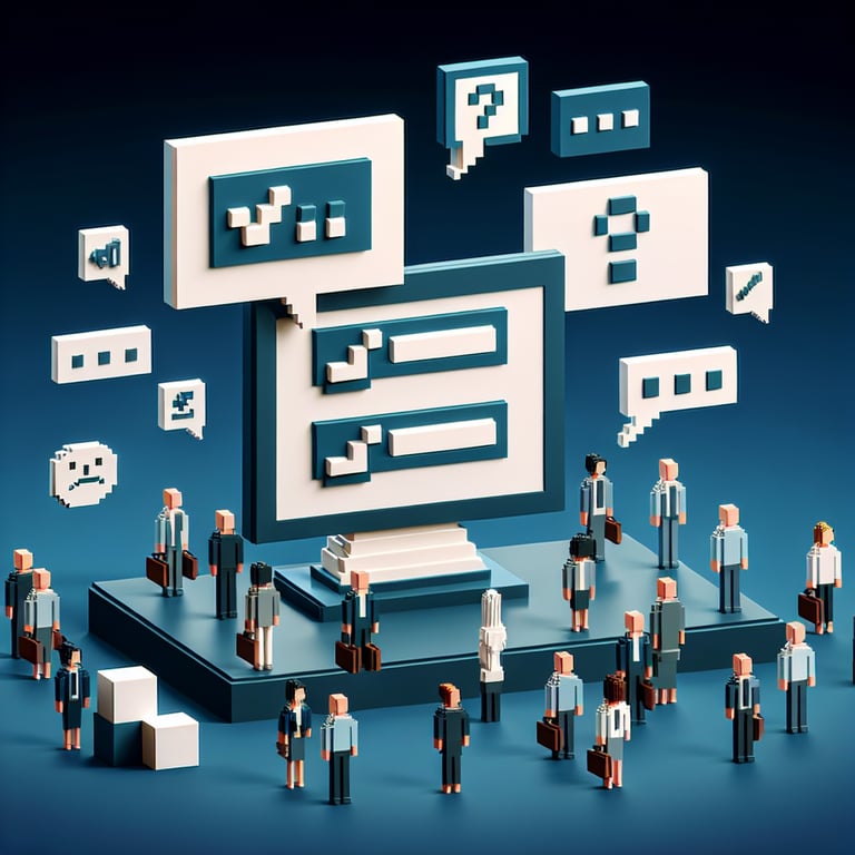 3D voxel art depicting online employee feedback surveys, set against a dark blue background.