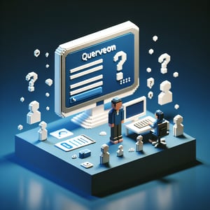 3D voxel art depicting the concept of online patient portal surveys on a dark blue background.