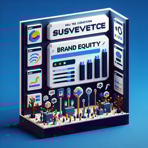 3D voxel art depicting online brand equity surveys on a dark blue background.