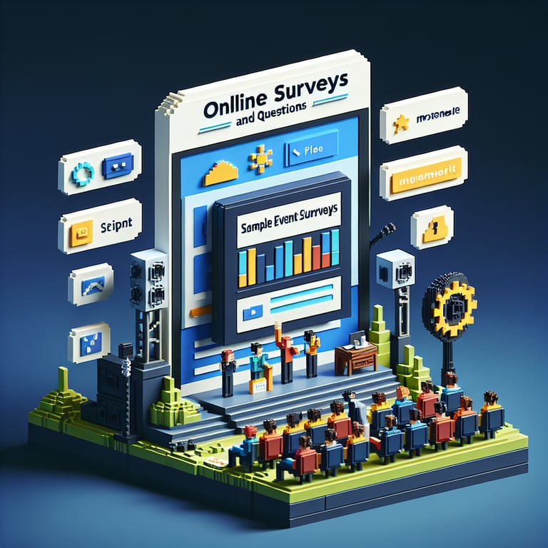3D voxel art depicting online surveys, set against a dark blue background, symbolizing sample event survey questions.