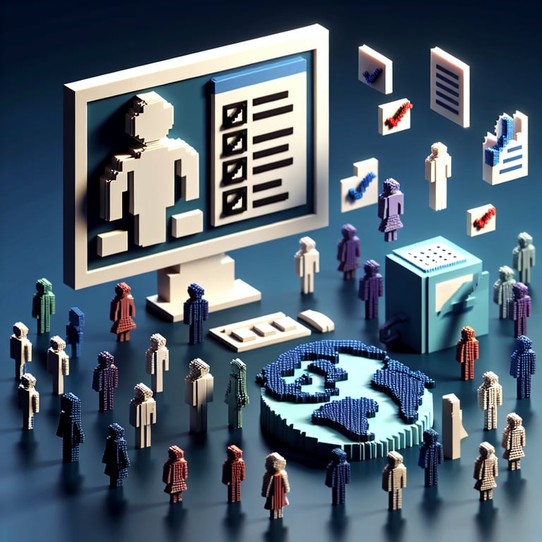 3D voxel illustration capturing immigrant voices in a citizenship survey