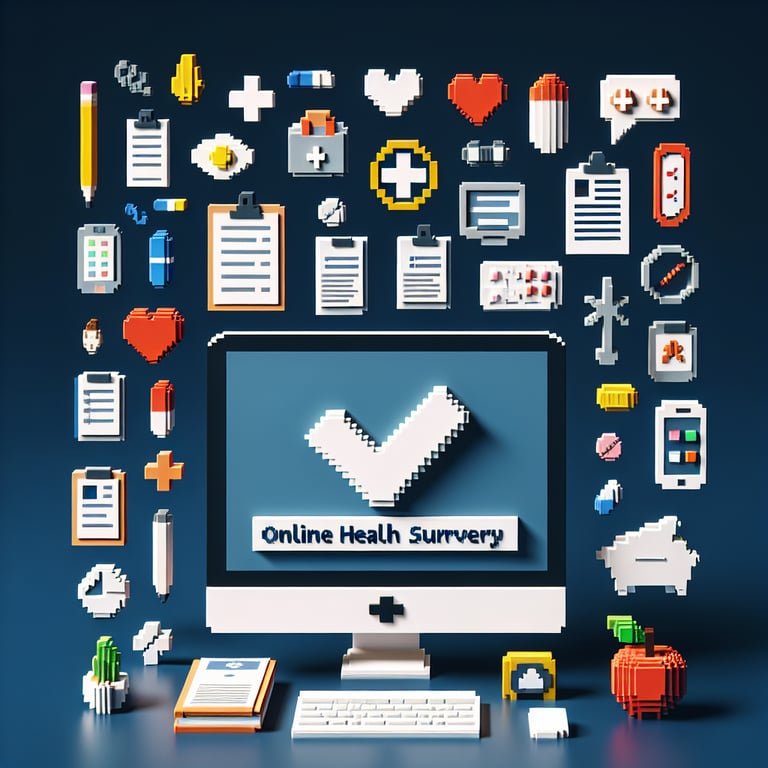 3D voxel art of online surveys, symbolizing Georgia student health surveys on a dark blue background.