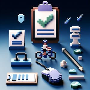 3D voxel art depicting online surveys, specifically tailored for cyclists, on a dark blue background.