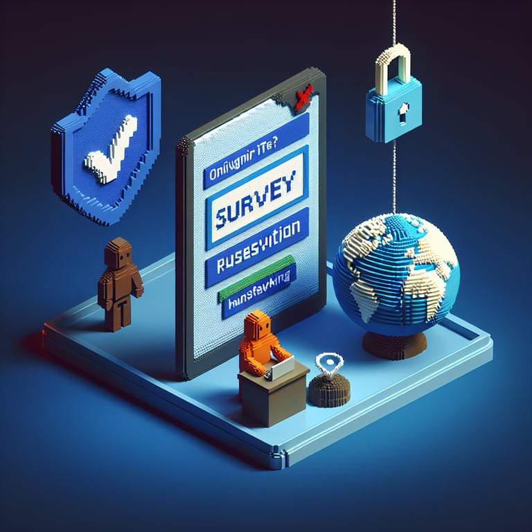 3D voxel art depicting online surveys on a dark blue background, symbolizing human sex trafficking surveys.