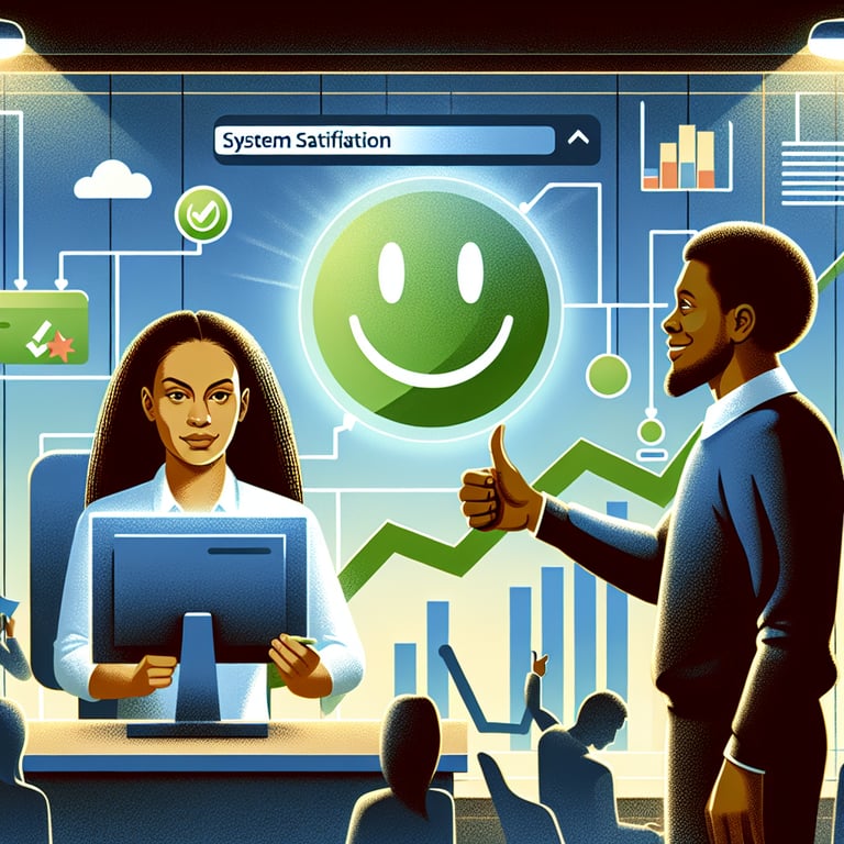 Illustration depicting the importance and measurement of System Satisfaction survey questions.