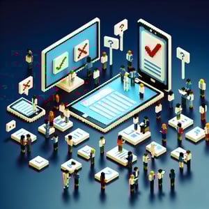 3D voxel art depicting the concept of online surveys and questions on a dark blue background.