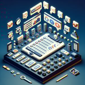 3D voxel art depicting the concept of online post-event surveys, set against a dark blue background.