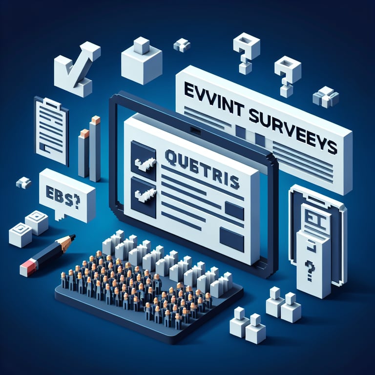 3D voxel art representing online event surveys with a dark blue background.
