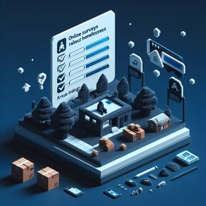 3D voxel art depicting online homeless survey concept on a dark blue background.