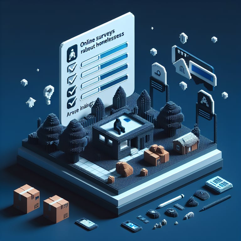 3D voxel art depicting online homeless survey concept on a dark blue background.