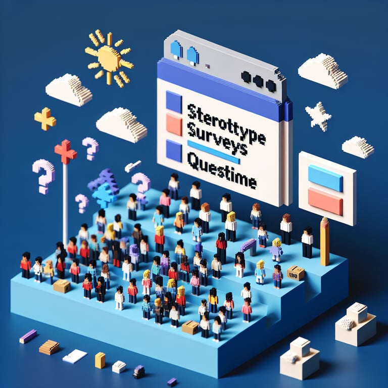 3D voxel art depicting online stereotype survey concept on a dark blue background.