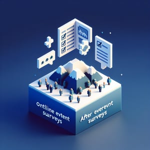 3D voxel art depicting online after-event surveys against a dark blue background.