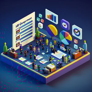 3D voxel art depicting online HR department surveys on a dark blue background.