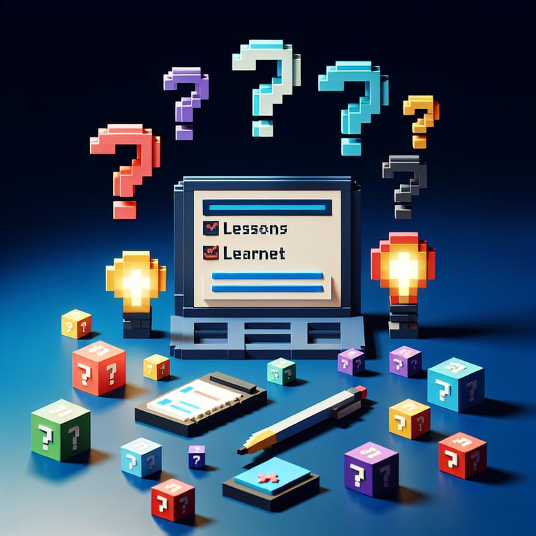 3D voxel art depicting online surveys, symbolizing lessons learned survey questions on a dark blue background.
