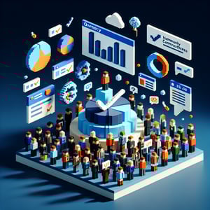 3D voxel art depicting online community survey concept on a dark blue background.