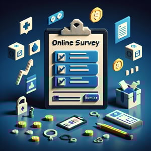 3D voxel art depicting online health insurance survey process on a dark blue background.