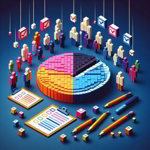3D voxel art depicting online gender inequality surveys on a dark blue background.