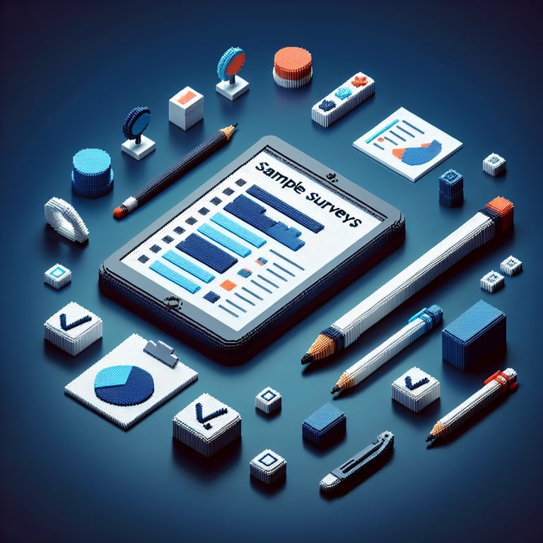 3D voxel art of online surveys on a dark blue background, representing post-implementation review.