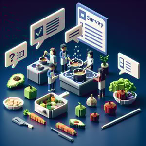 3D voxel art depicting online surveys on a dark blue background, symbolizing student cooking surveys.