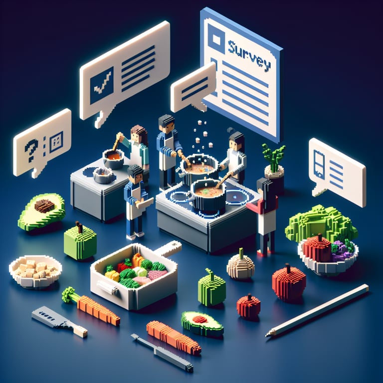 3D voxel art depicting online surveys on a dark blue background, symbolizing student cooking surveys.