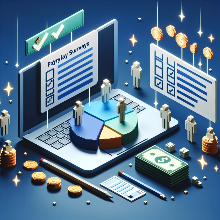 3D voxel art depicting online payroll survey process on a dark blue background.