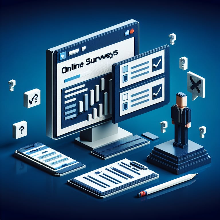 3D voxel art depicting online surveys, symbolizing hcahps pain management questions survey, on a dark blue background.