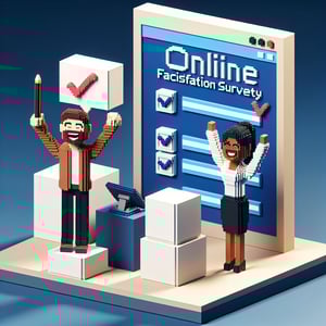 3D voxel art depicting online faculty satisfaction surveys on a dark blue background.