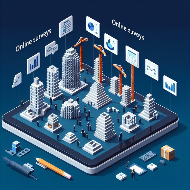 Artistic voxel illustration of construction site layout and measuring tools