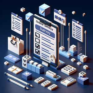 3D voxel art depicting online surveys, with a dark blue background, representing retail store surveys.