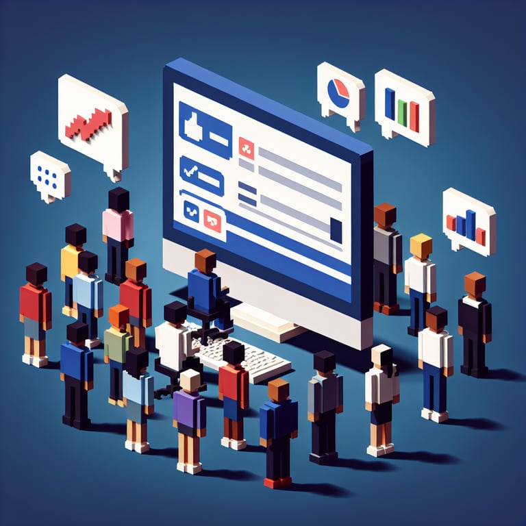 3D voxel art depicting online surveys, targeting high school students, set against a dark blue background.