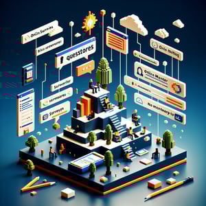 3D voxel art depicting online mentor surveys, with engaging elements on a dark blue background.