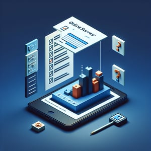 3D voxel art depicting multiple choice survey concept on a dark blue background.
