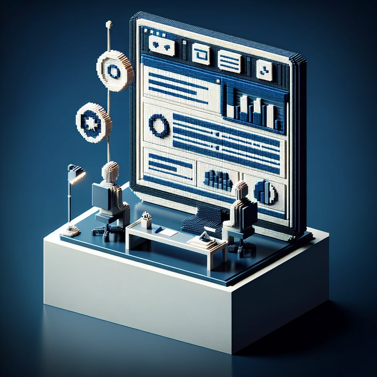3D voxel art depicting online surveys related to flexible work schedules on a dark blue background.