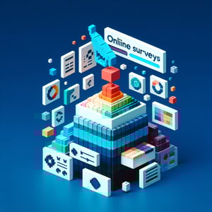 3D voxel art depicting online color survey process on a dark blue background.