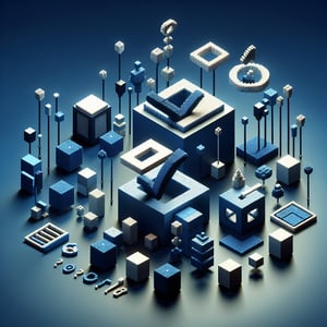 3D voxel art depicting online conflict resolution survey concept on a dark blue background.