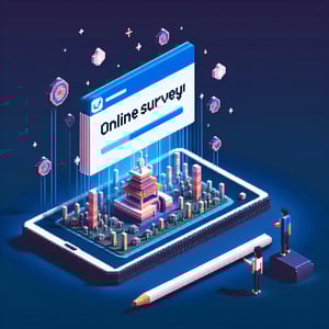 3D voxel art depicting online festival surveys with engaging elements on a dark blue background.