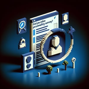 3D voxel art depicting the concept of online personality surveys on a dark blue background.