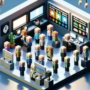 3D voxel art depicting online happiness-at-work surveys, with a dark blue background.
