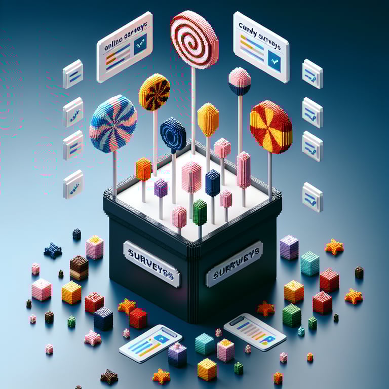 Vibrant 3D voxel sweets questionnaire scene with candy metrics