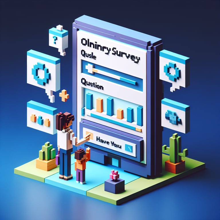 3D voxel art depicting online elementary parent survey concept on a dark blue background.