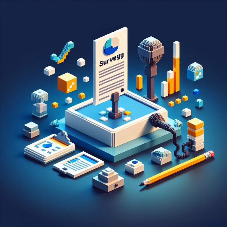 3D voxel art depicting online survey concept with a dark blue background, related to Indian elections.