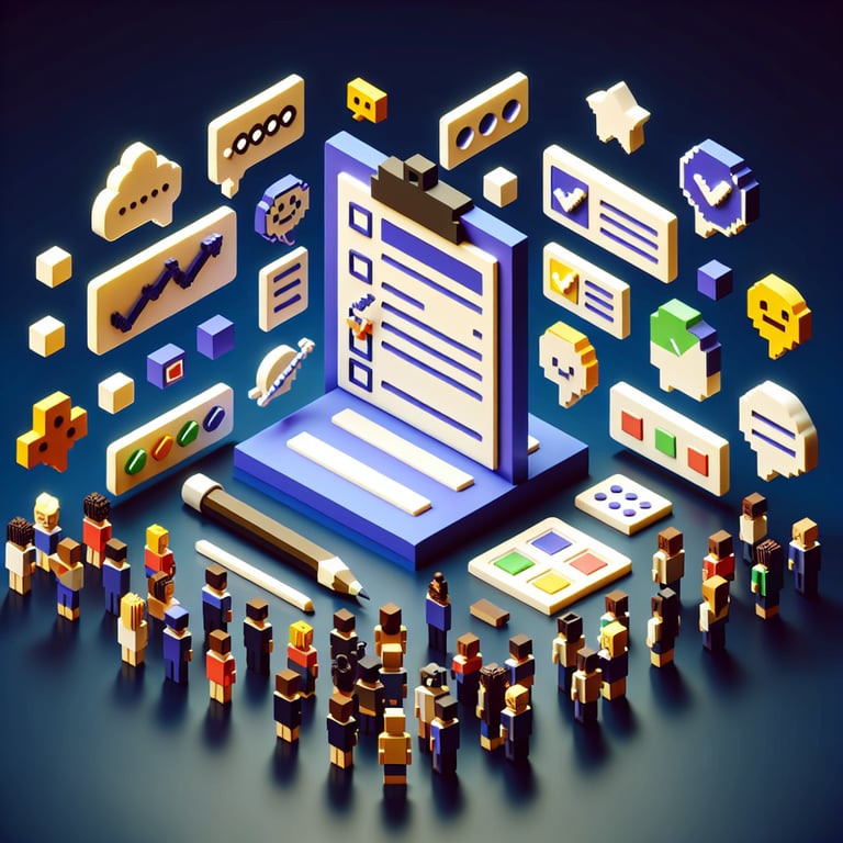 3D voxel art depicting online advisory board surveys, with a dark blue background.