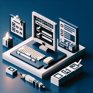 3D voxel art depicting the concept of online magazine survey questions on a dark blue background.