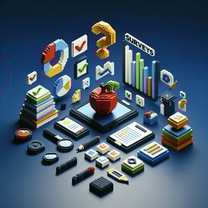 3D voxel art depicting online student surveys on a dark blue background.