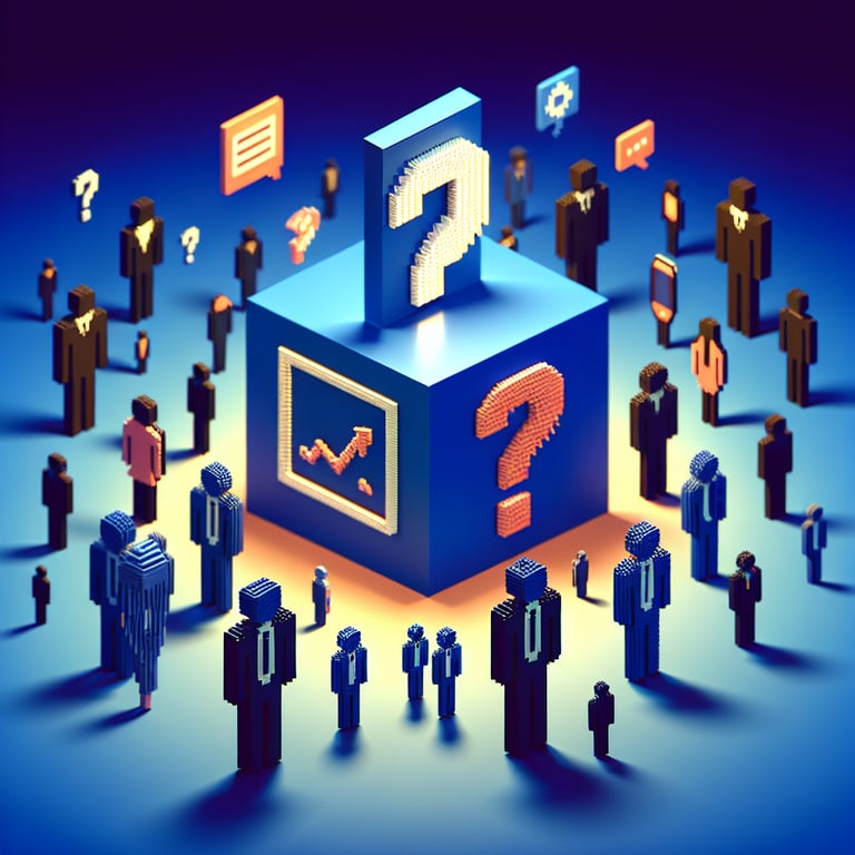 3D voxel art depicting the concept of online VR surveys, set against a dark blue background.