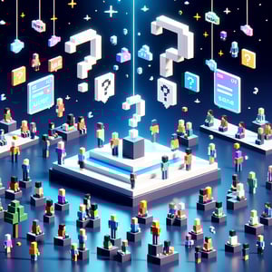 3D voxel art depicting online surveys on project management lessons learned, with a dark blue background.
