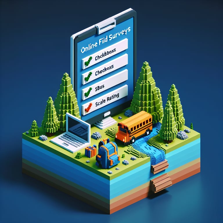 3D voxel art depicting online field trip survey concept on a dark blue background.
