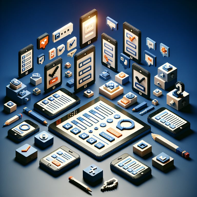 3D voxel art depicting mobile technology surveys with engaging elements on a dark blue background.