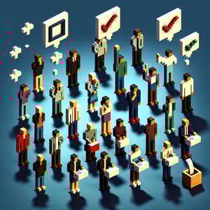 3D voxel art depicting the concept of online lifestyle surveys on a dark blue background.