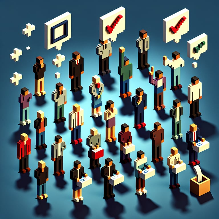 3D voxel art depicting the concept of online lifestyle surveys on a dark blue background.